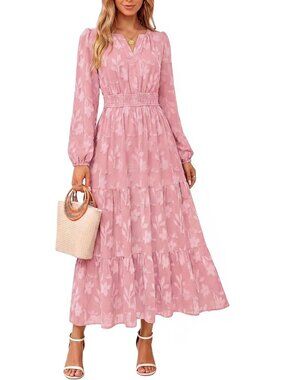 Women's Pink Casual Long Sleeve With Pockets V Neck Wedding Guest Maxi Dresses